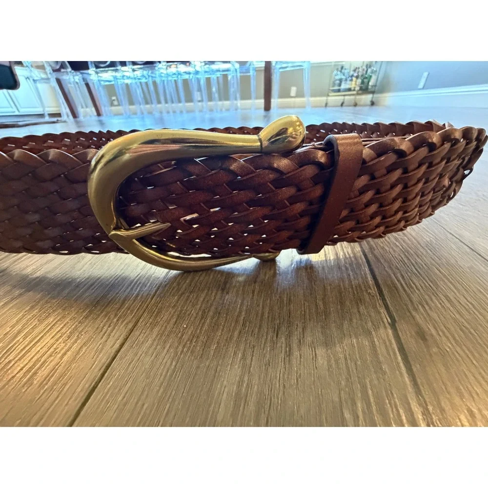 Michael Kors Cognac Brown Braided Woven Belt Gold Buckle Large